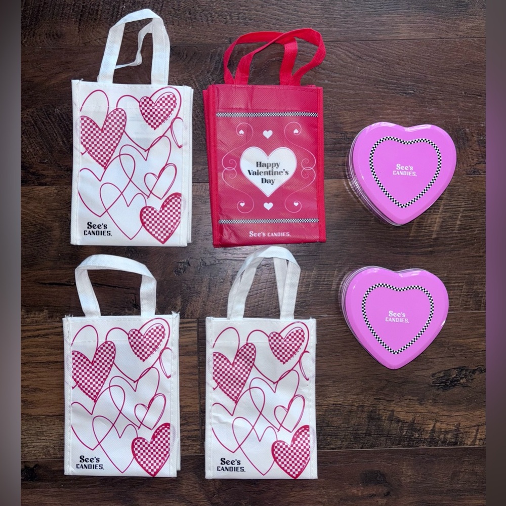 See’s Candies Valentine’s Small Totes, Lot Of 4 & 2 Pink Heart Tins